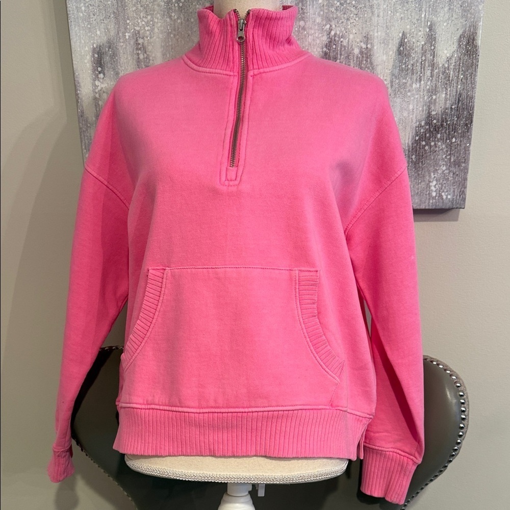Women's Hot Pink Sunwashed Half-Zip Pullover Top with Kangaroo Pocket size Large